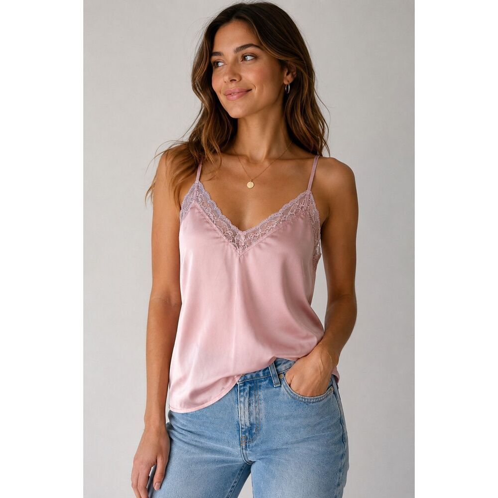 Forever 21 Pink Satin Lace Trim Cami Tank Top Small